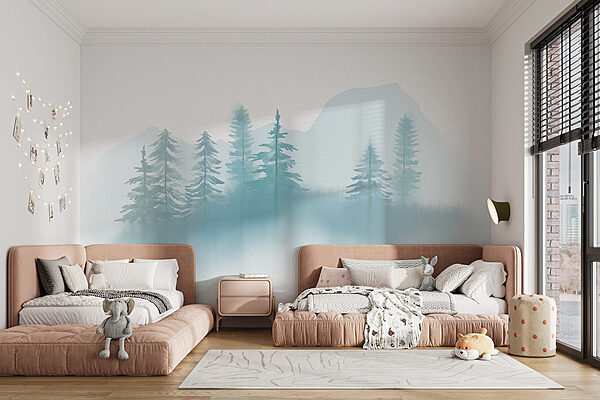 Hmlistá krajina so stromami a horami Hmlistá krajina so stromami a horami