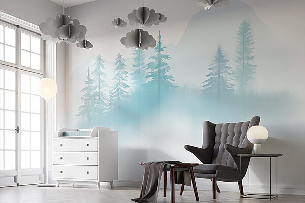 Hmlistá krajina so stromami a horami Hmlistá krajina so stromami a horami