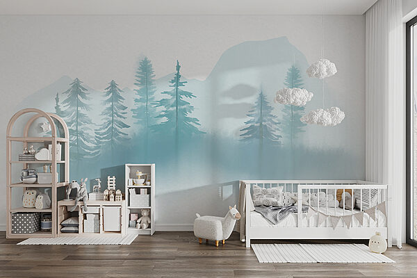 Hmlistá krajina so stromami a horami Hmlistá krajina so stromami a horami