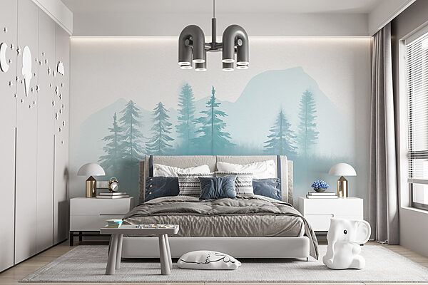 Hmlistá krajina so stromami a horami Hmlistá krajina so stromami a horami