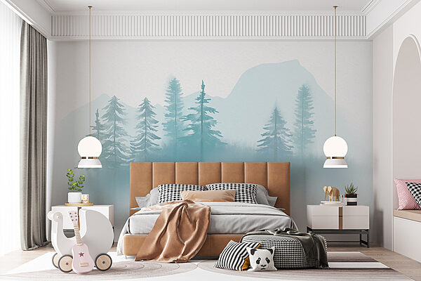 Hmlistá krajina so stromami a horami Hmlistá krajina so stromami a horami