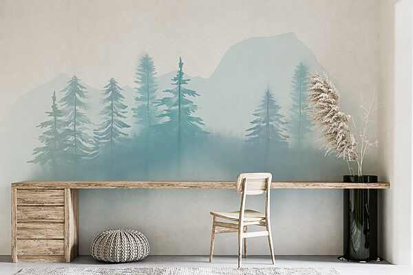 Hmlistá krajina so stromami a horami Hmlistá krajina so stromami a horami