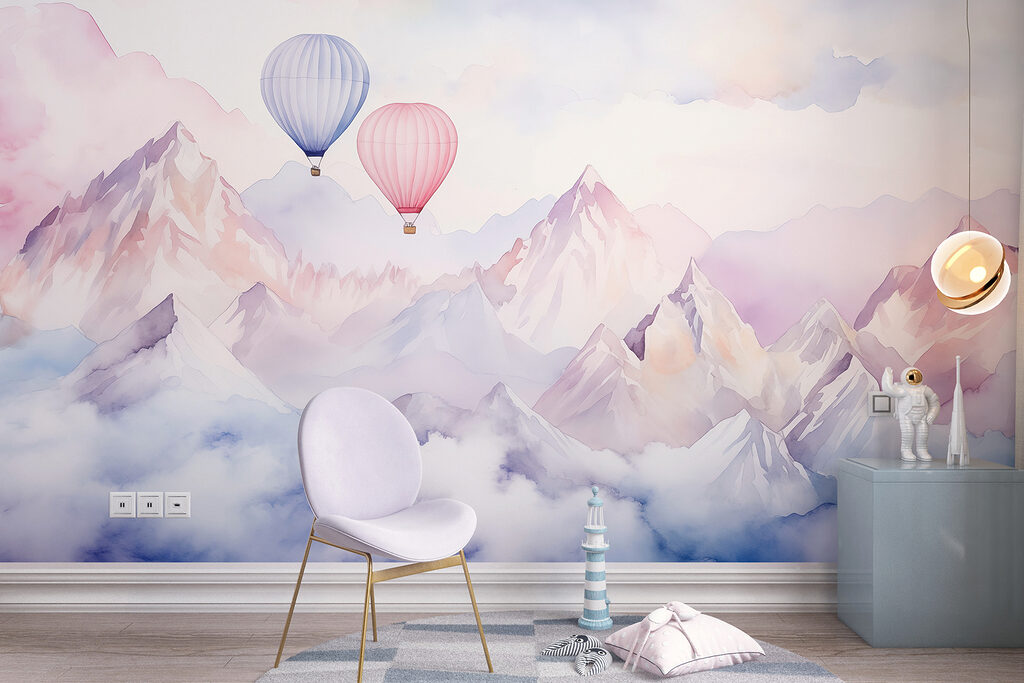 Group of hot air balloons in the sky over mountains Group of hot air balloons in the sky over mountains