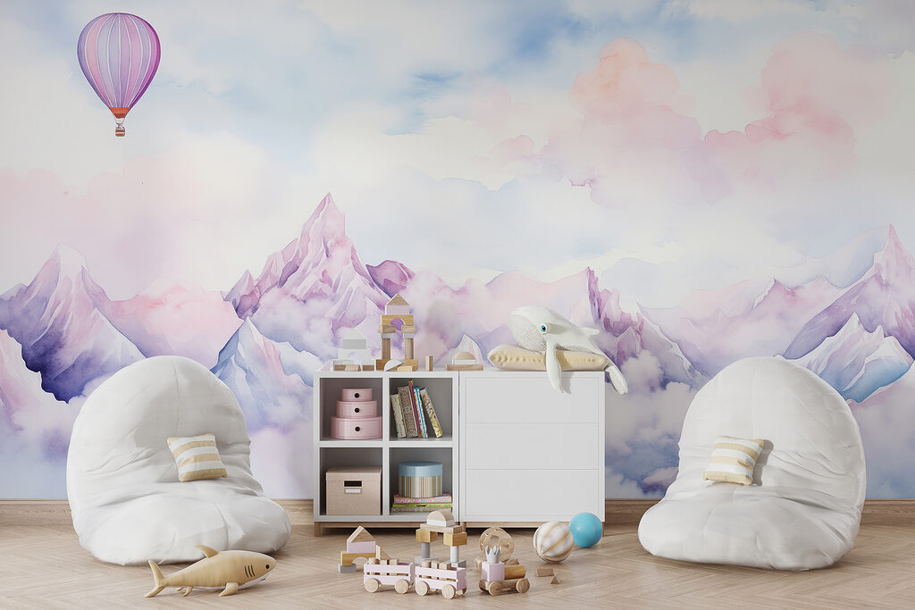 Painting of a mountain range with a balloon in the sky