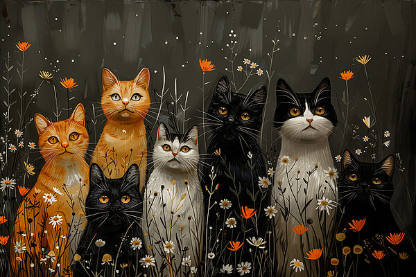 Group of cats in a field of flowers