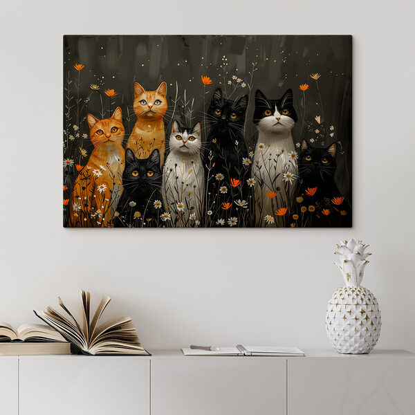 Group of cats in a field of flowers