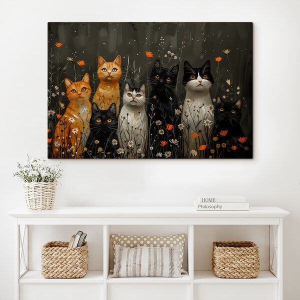 Group of cats in a field of flowers