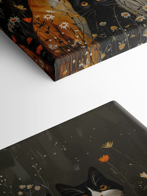 Group of cats in a field of flowers