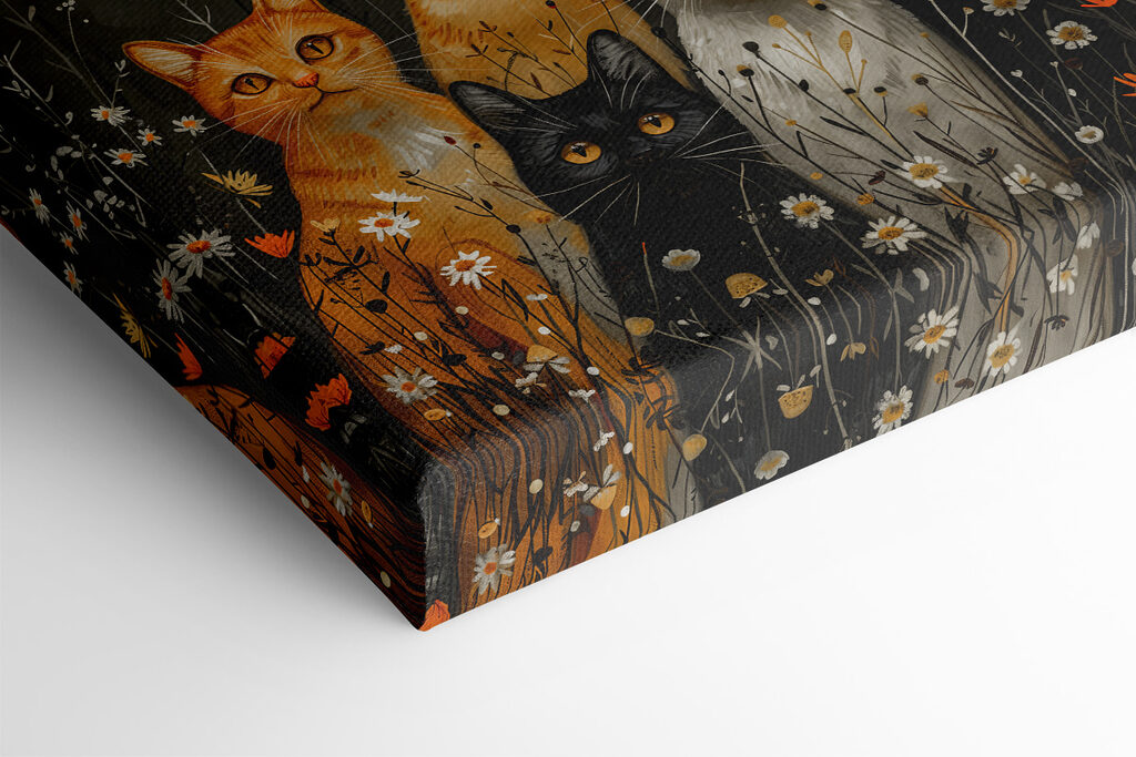 Group of cats in a field of flowers