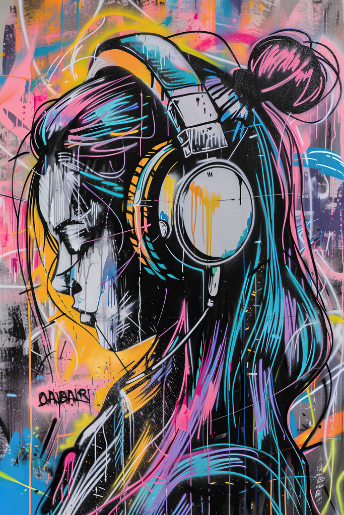 Graffiti of a woman with headphones Graffiti of a woman with headphones
