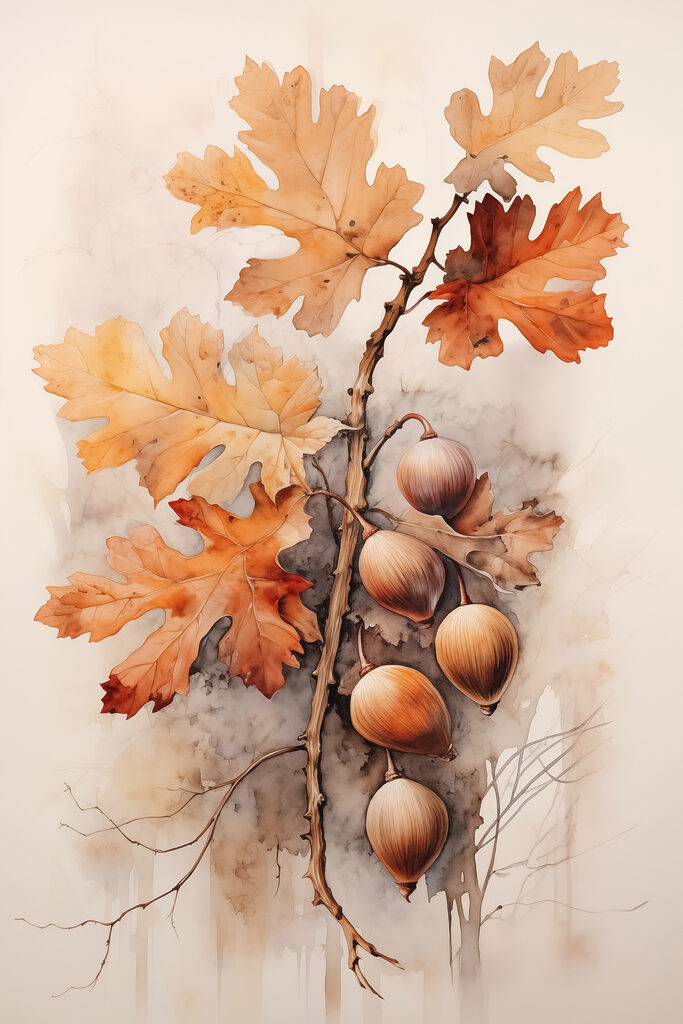 Acorns and leaves on a branch with a white background
