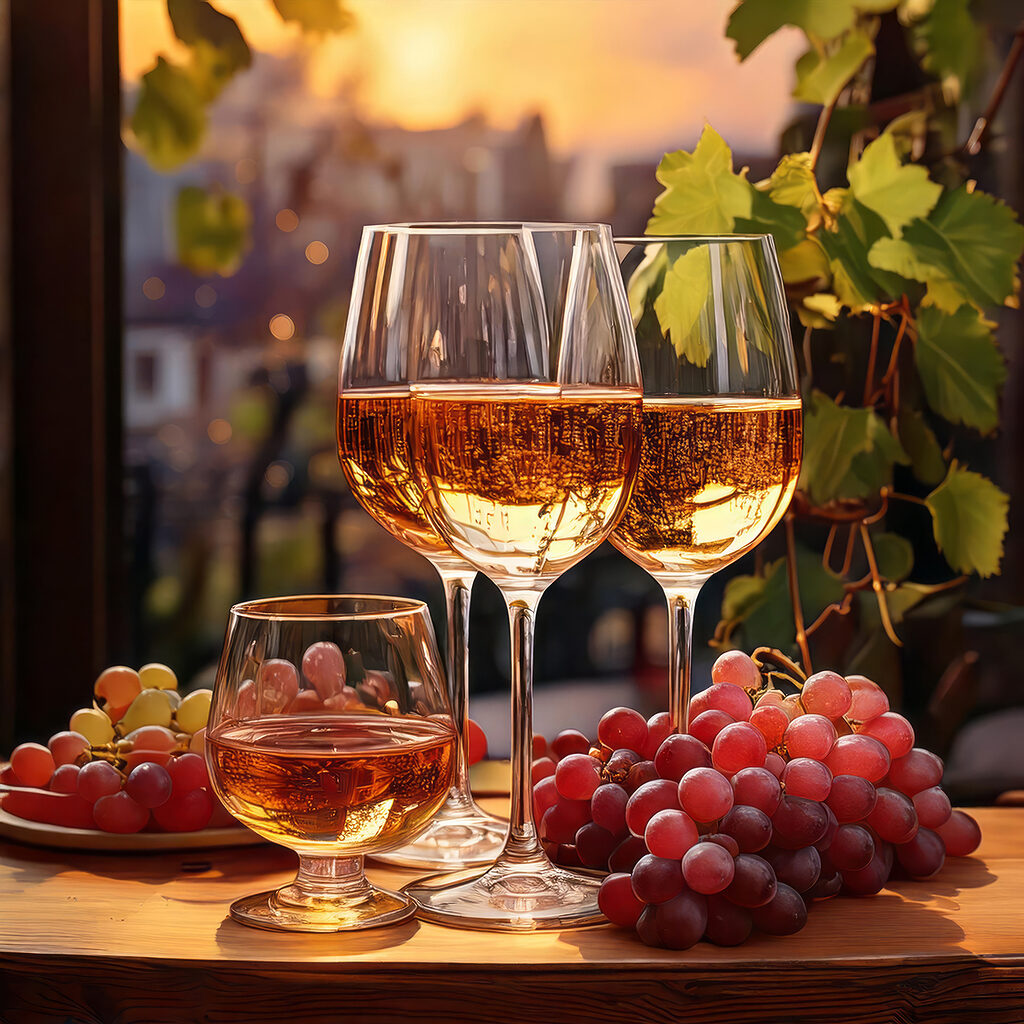 Group of wine glasses and grapes on a table Group of wine glasses and grapes on a table