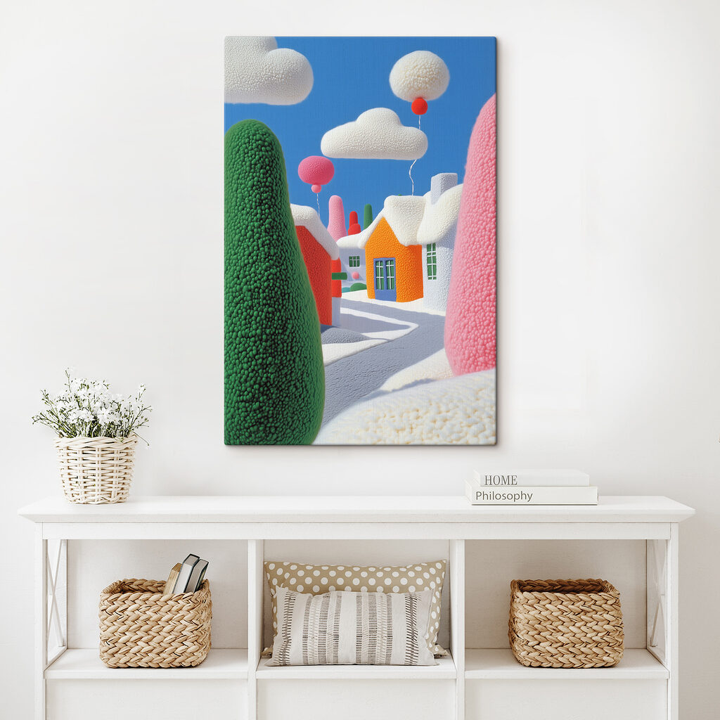 Cartoon town with trees and balloons