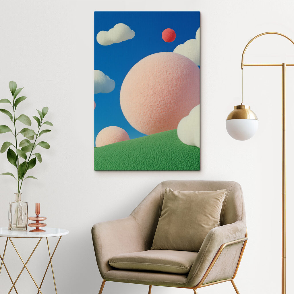 Pink and white balls in the sky