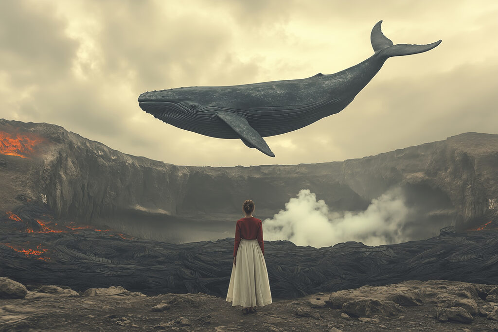 Woman looking at a whale flying over a volcano Woman looking at a whale flying over a volcano