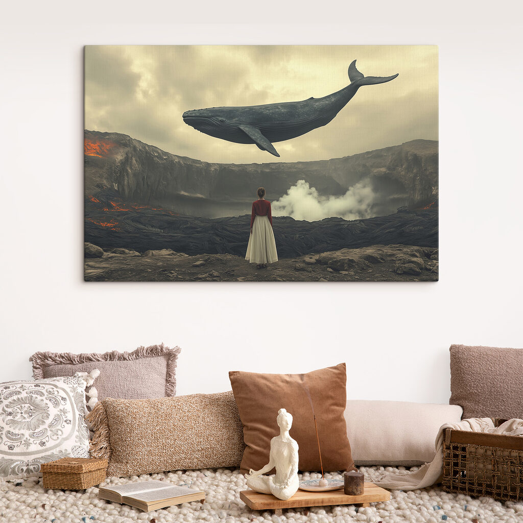 Woman looking at a whale flying over a volcano Woman looking at a whale flying over a volcano