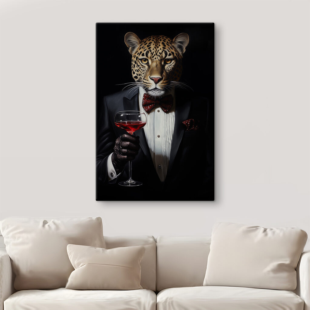 Leopard wearing a suit and bow tie holding a wine glass Leopard wearing a suit and bow tie holding a wine glass
