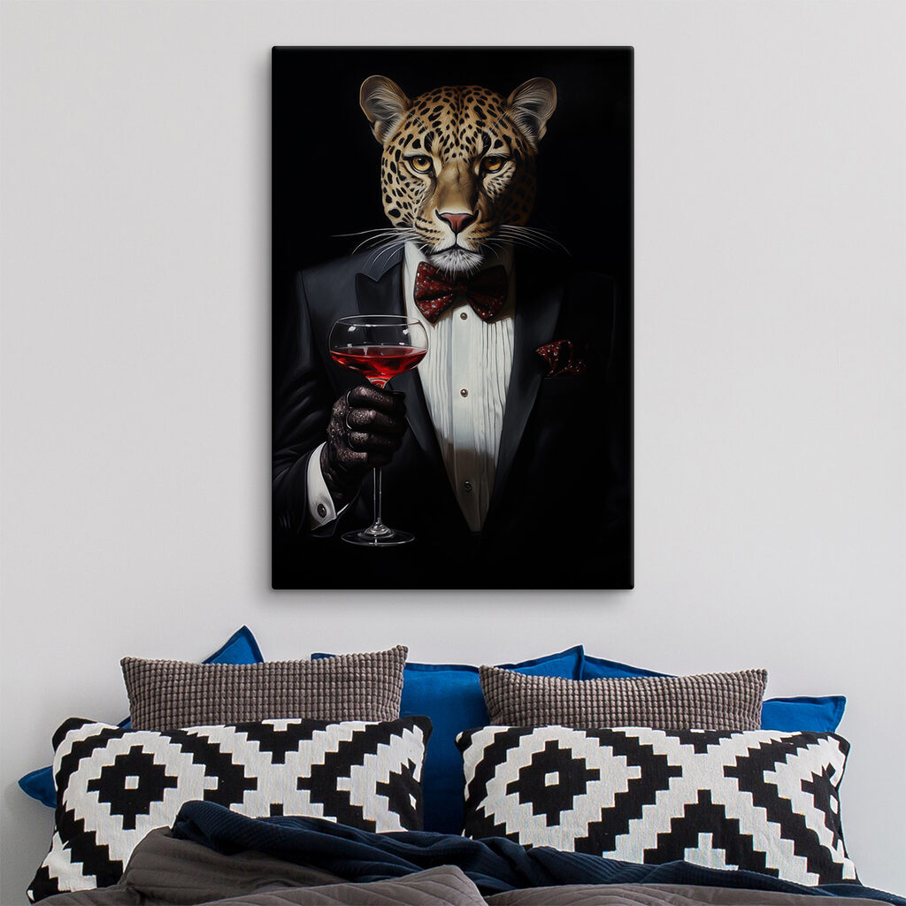 Leopard wearing a suit and bow tie holding a wine glass Leopard wearing a suit and bow tie holding a wine glass