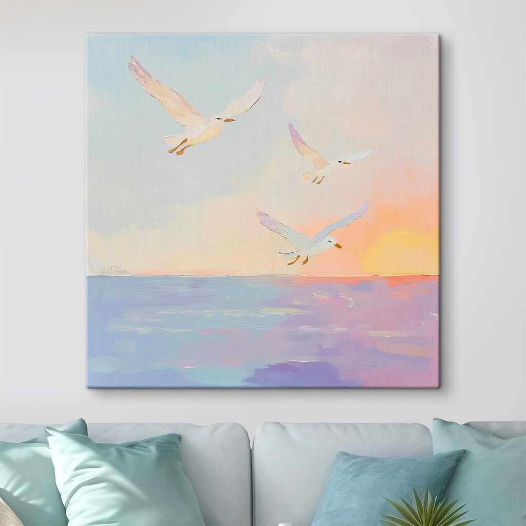 Painting of birds flying over water Painting of birds flying over water