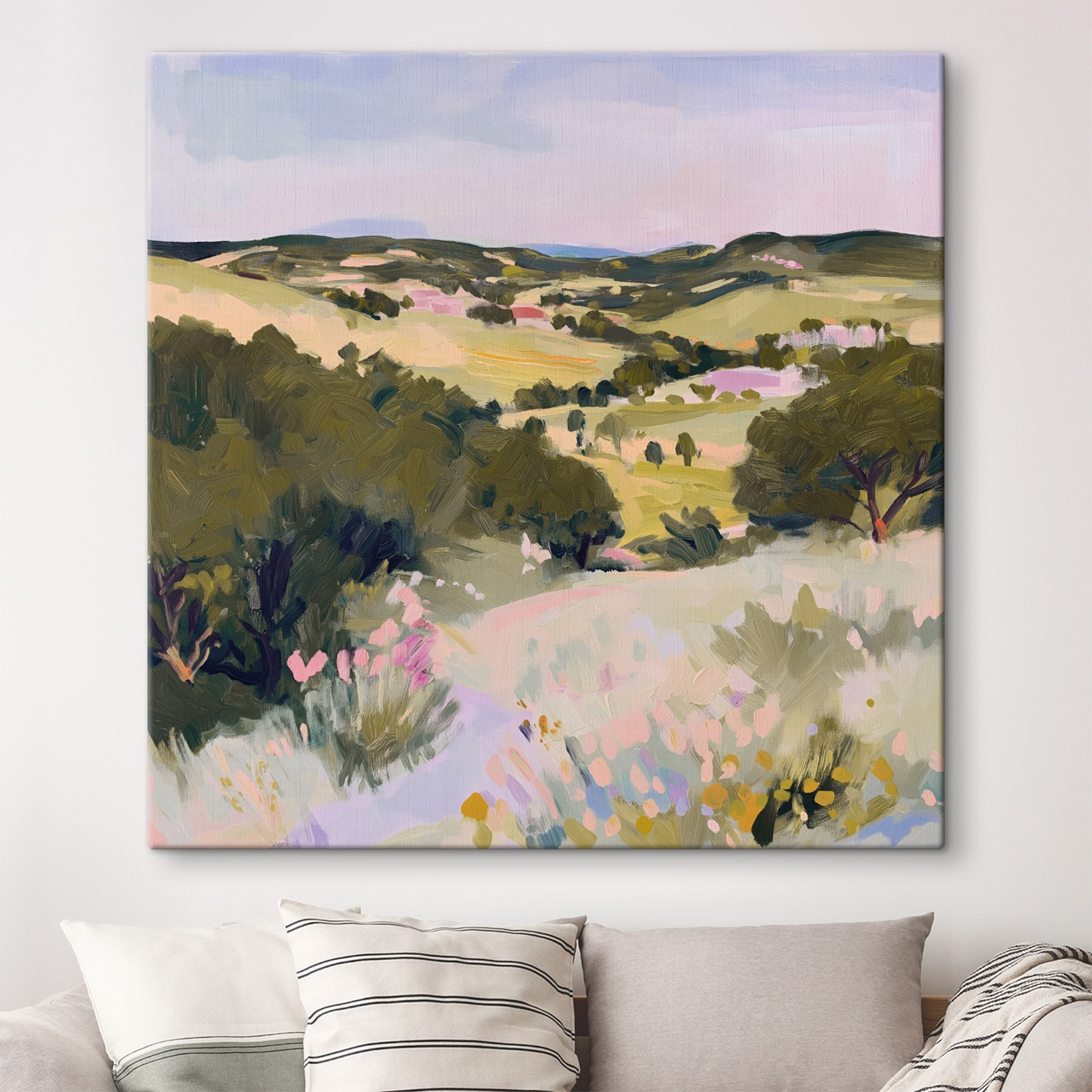 Painting of a landscape with trees and hills Painting of a landscape with trees and hills