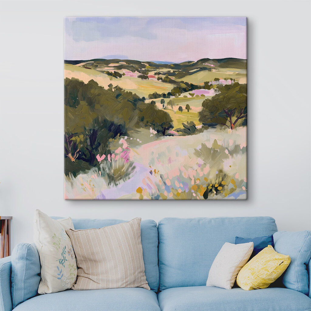 Painting of a landscape with trees and hills Painting of a landscape with trees and hills