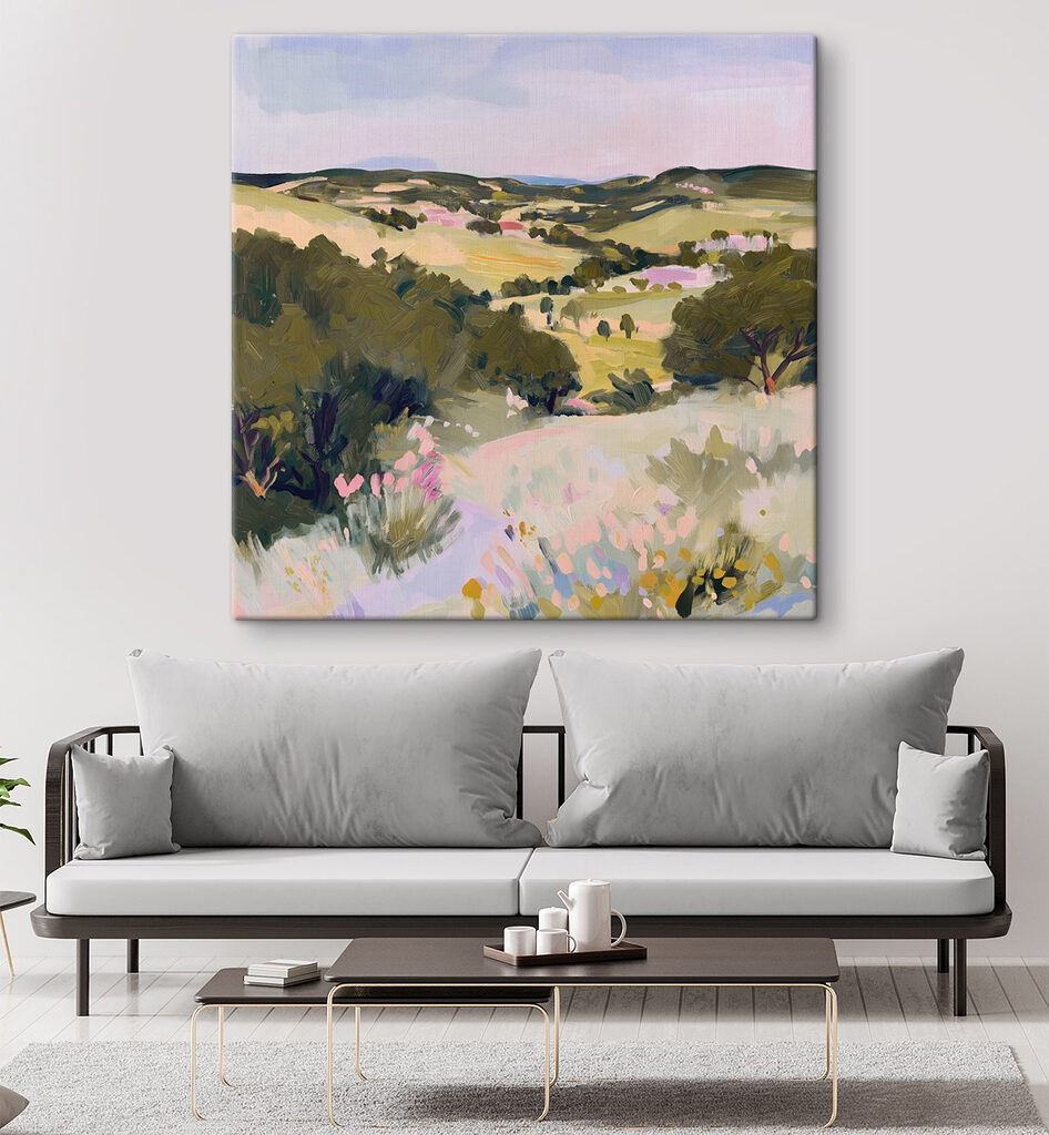 Painting of a landscape with trees and hills Painting of a landscape with trees and hills