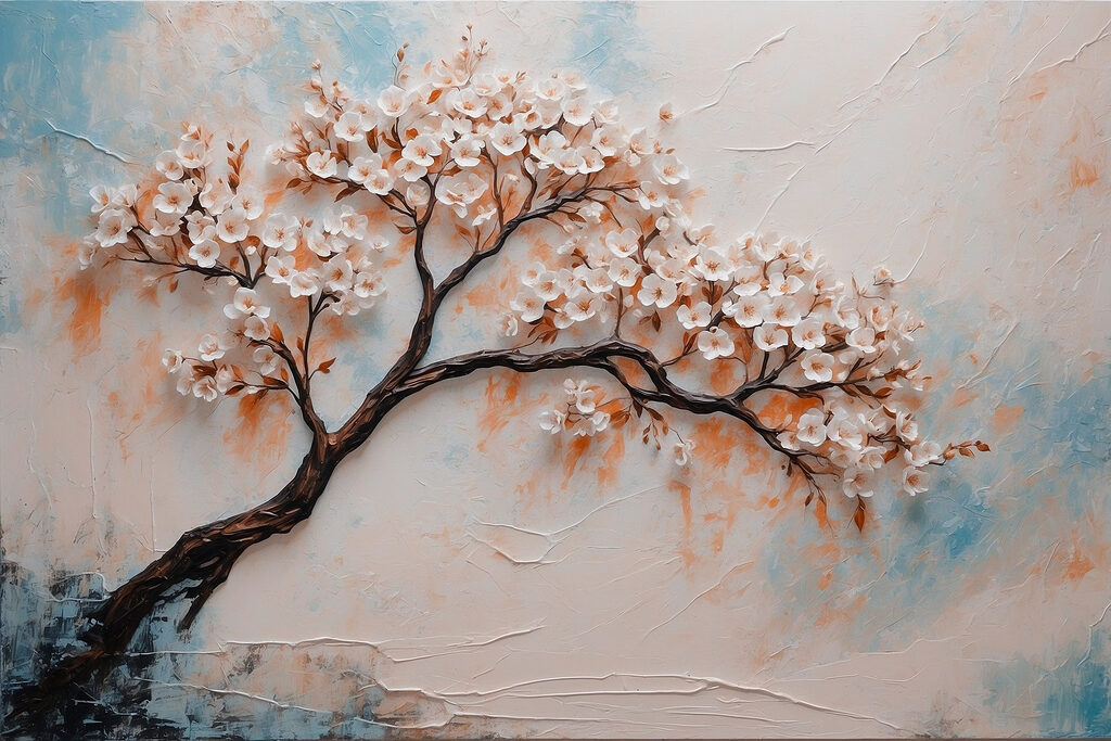 Painting of a tree with white flowers