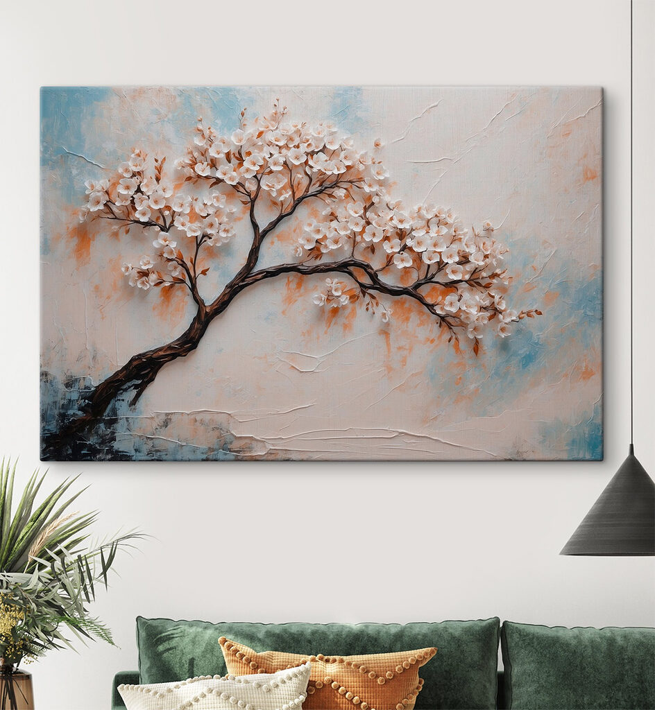 Painting of a tree with white flowers