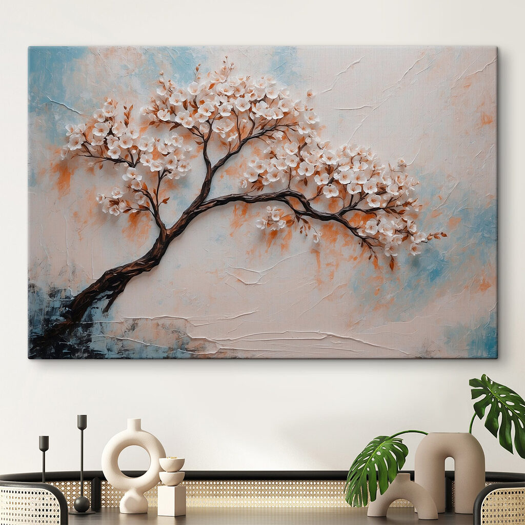 Painting of a tree with white flowers