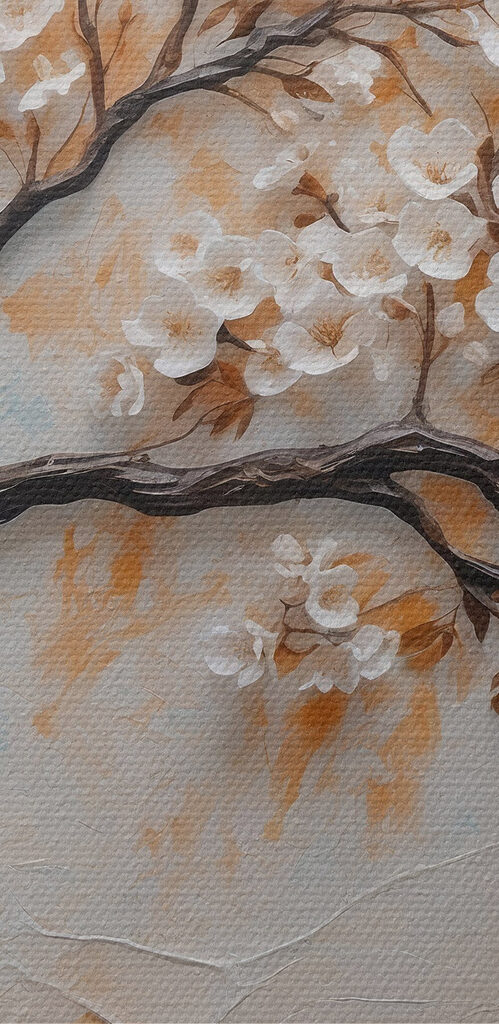 Painting of a tree with white flowers