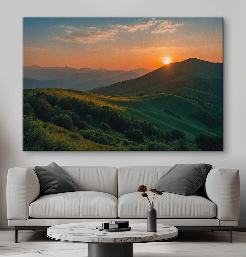 Sunset over a green hill