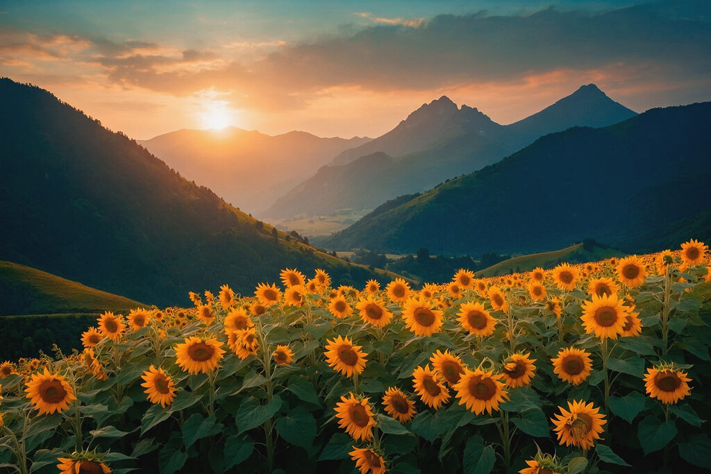 Field of sunflowers in the mountains