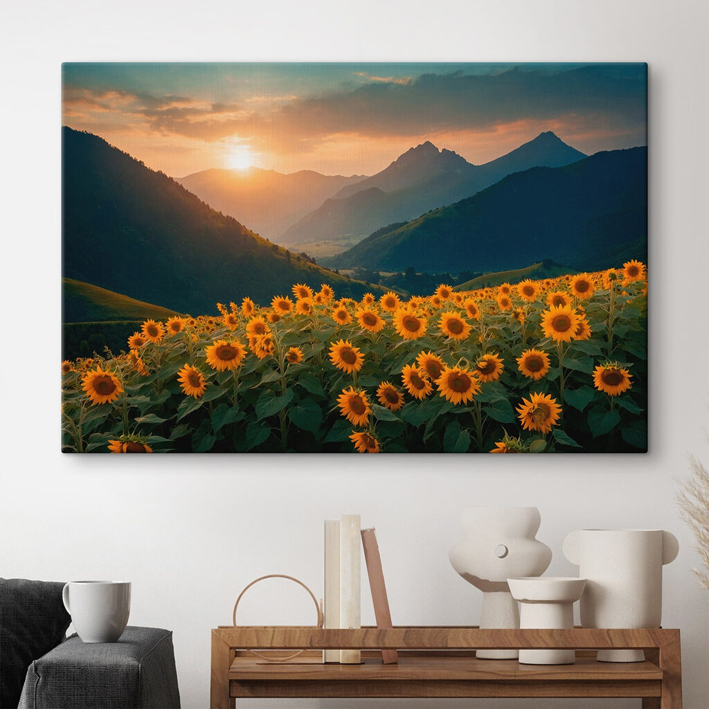 Field of sunflowers in the mountains