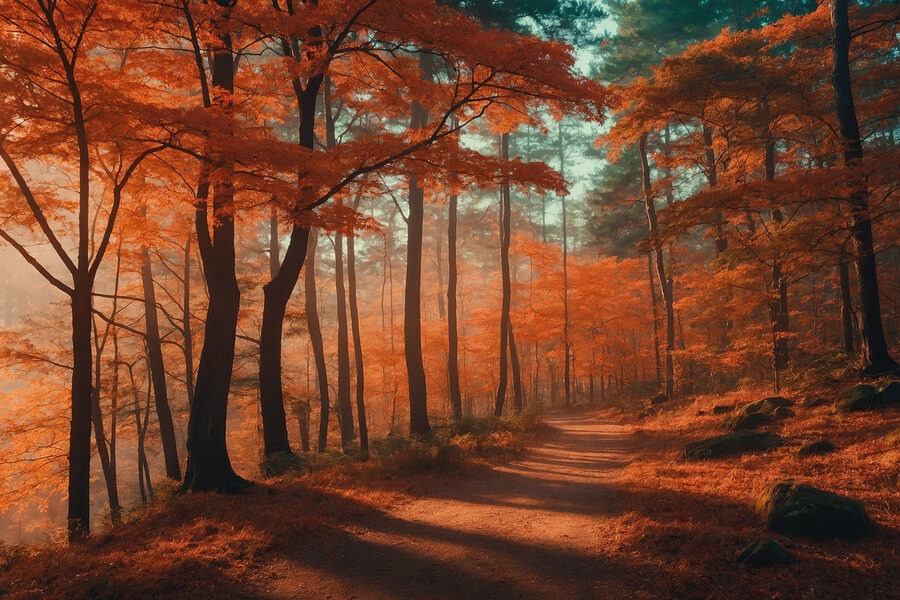 Cesta lesom s oranžovými listami Cesta lesom s oranžovými listami
