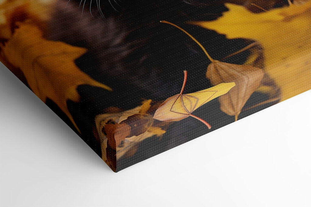 Black kitten in a pile of leaves