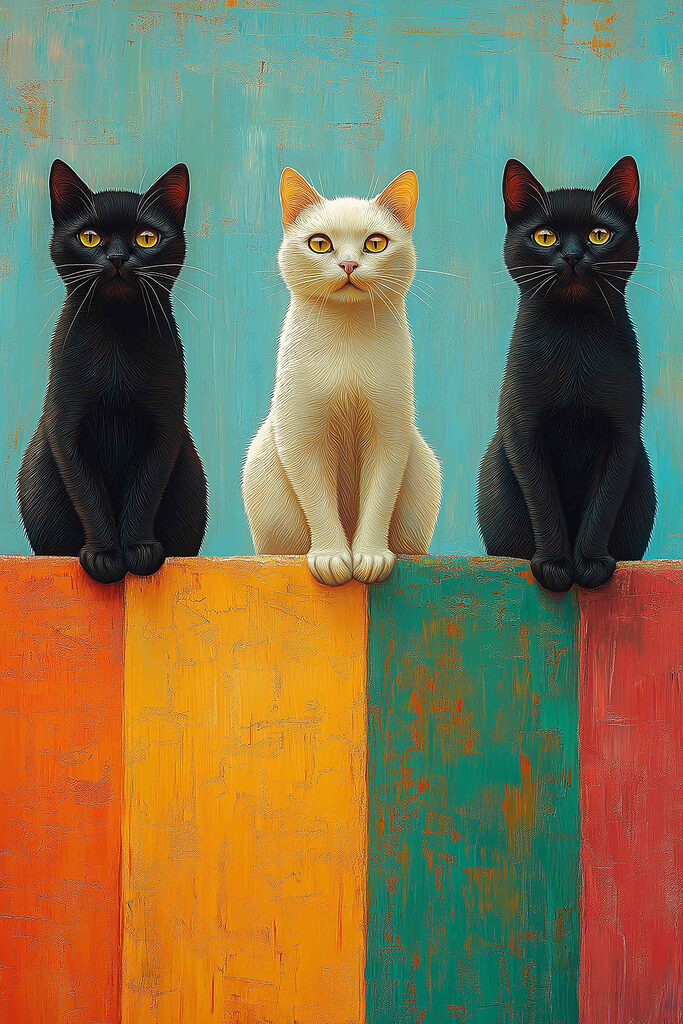 Three cats enjoying colorful scenery