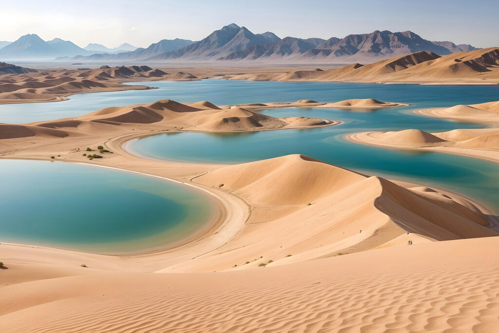 Desert with water and mountains in the background