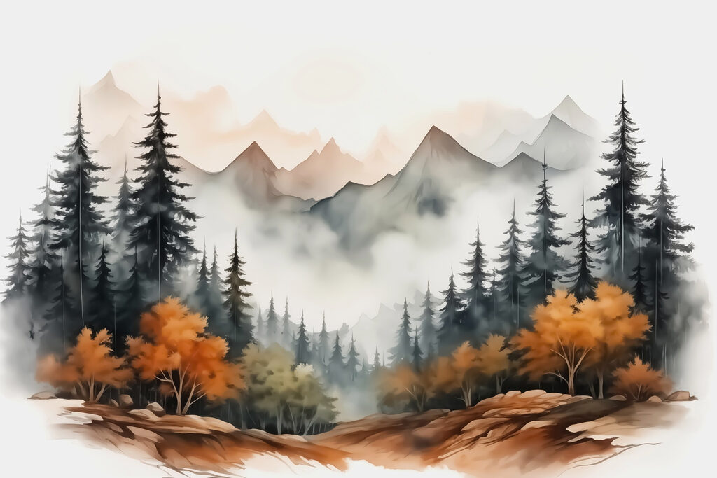 Painting of a forest and mountains