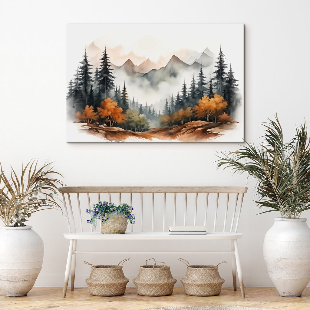 Painting of a forest and mountains