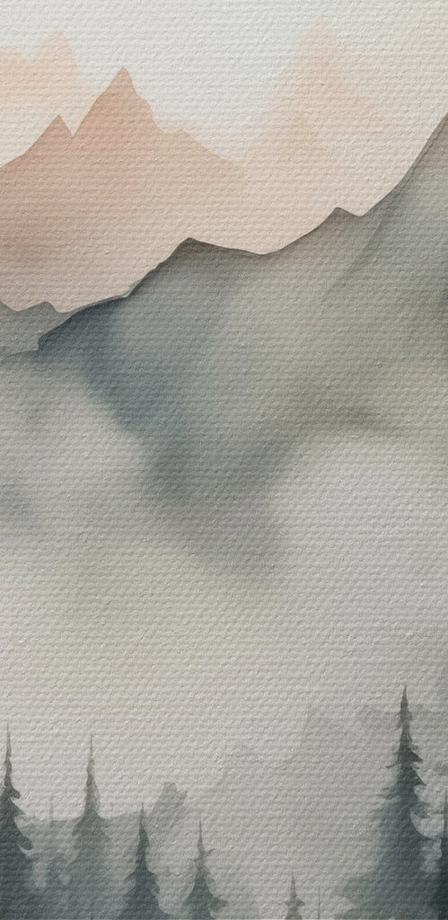 Painting of a forest and mountains