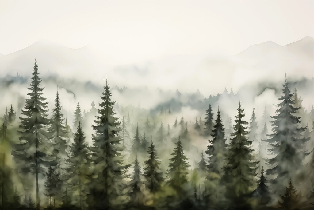 Foggy forest with trees