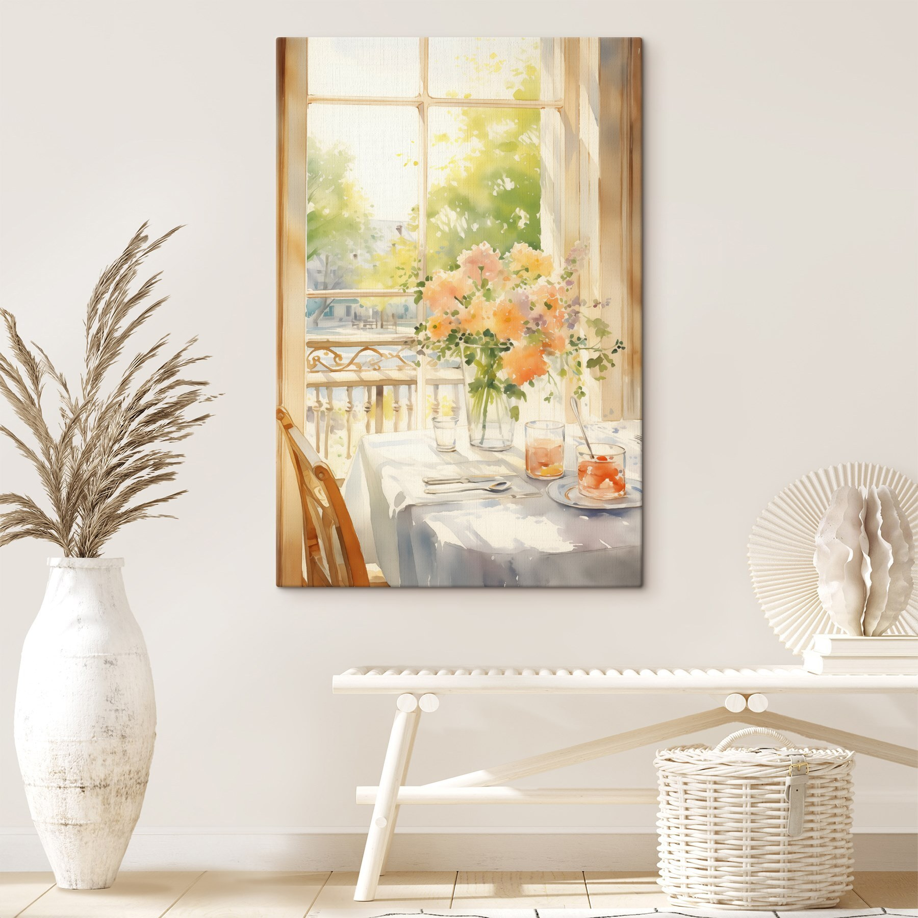 Watercolor painting of a table with flowers and glasses Watercolor painting of a table with flowers and glasses