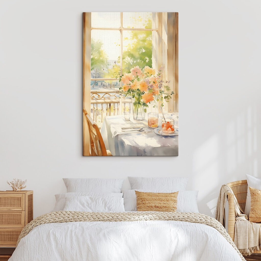 Watercolor painting of a table with flowers and glasses Watercolor painting of a table with flowers and glasses