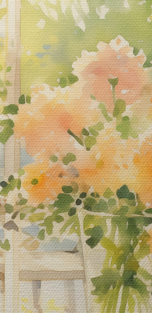 Watercolor painting of a table with flowers and glasses Watercolor painting of a table with flowers and glasses