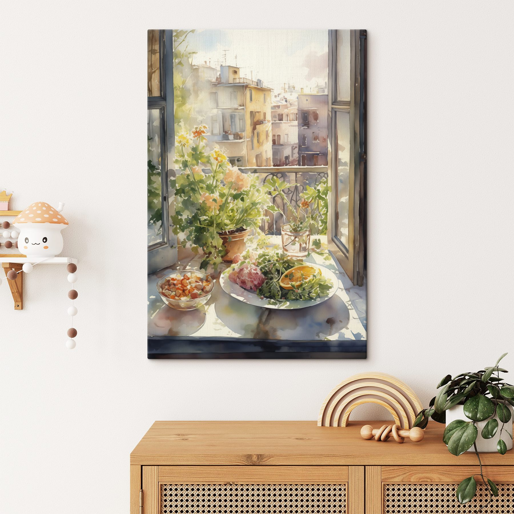 Watercolor painting of a table with food and flowers in front of a window Watercolor painting of a table with food and flowers in front of a window