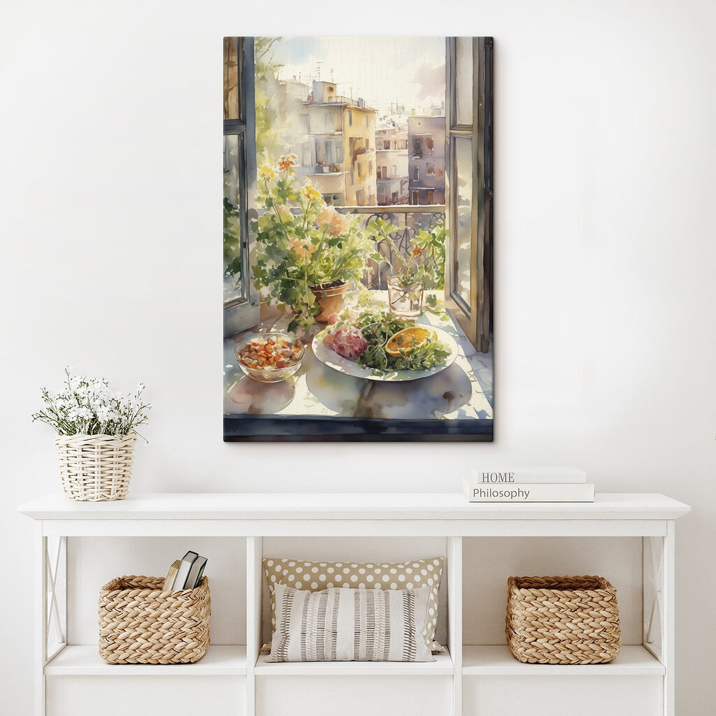Watercolor painting of a table with food and flowers in front of a window Watercolor painting of a table with food and flowers in front of a window