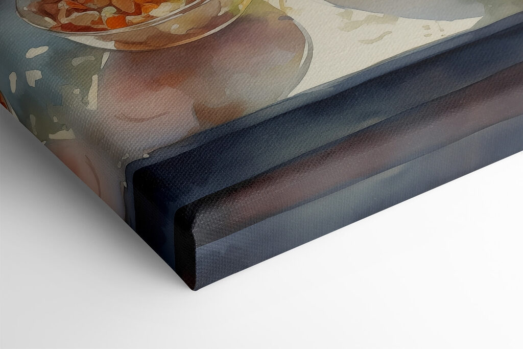 Watercolor painting of a table with food and flowers in front of a window Watercolor painting of a table with food and flowers in front of a window