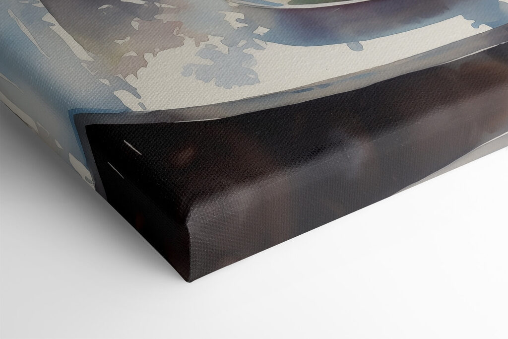 Watercolor painting of flowers and fruits on a table in front of a window