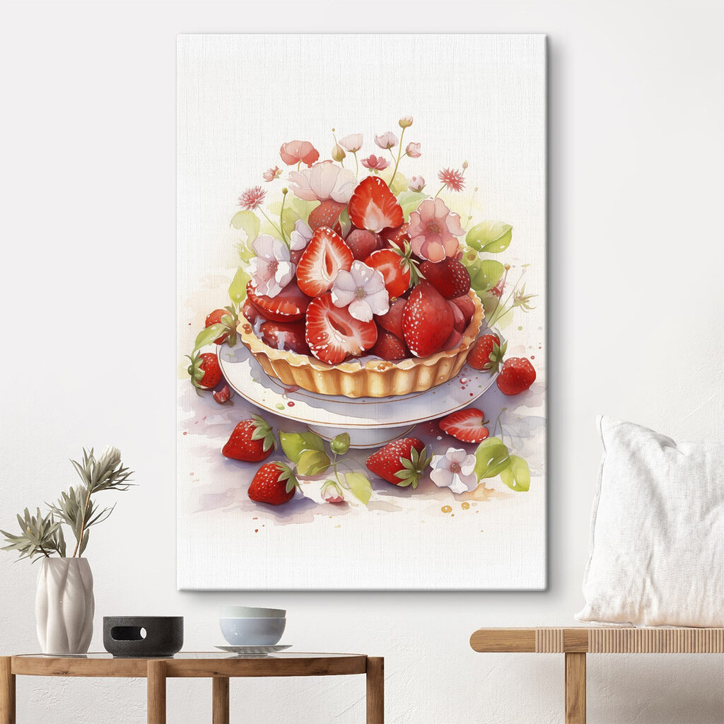 Watercolor of a pie with strawberries and flowers