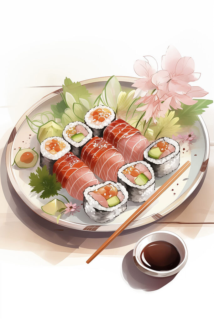 Plate of sushi with sauce and flowers